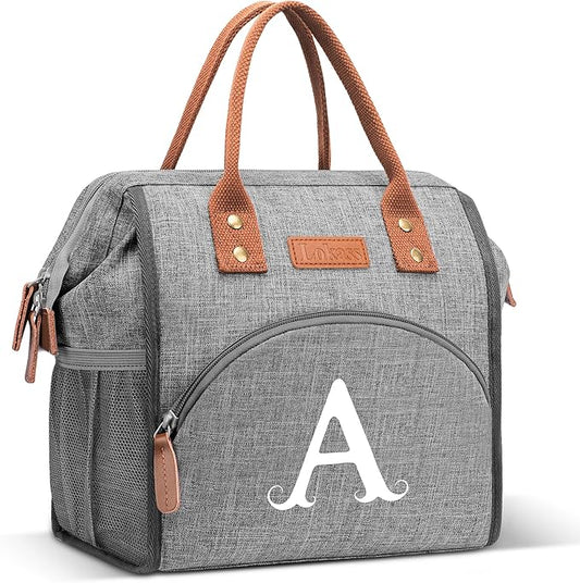 Initial Lunch Bag Women Insulated Lunch Box Wide-Open Lunch Tote Bag Large Drinks Holder Durable Nylon Thermal Snacks Organizer for Work, Travel, Picnic Personalized Gifts for Women/Teacher