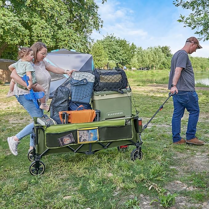TIMBER RIDGE 51.2'' Extended Collapsible Wagon Cart with Brakes and Cargo Net, 350LBS Heavy Duty Foldable Utility Wagon with Adjustable Handle, 400L Capacity Portable Cart for Camping Sports Shopping