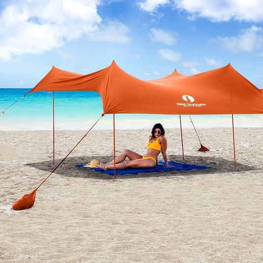 Red Suricata Family Beach Tent & Canopy, UPF50 Sun Shade, 4 Aluminum Poles, Sand Shovel, Large Portable Sun Shelter