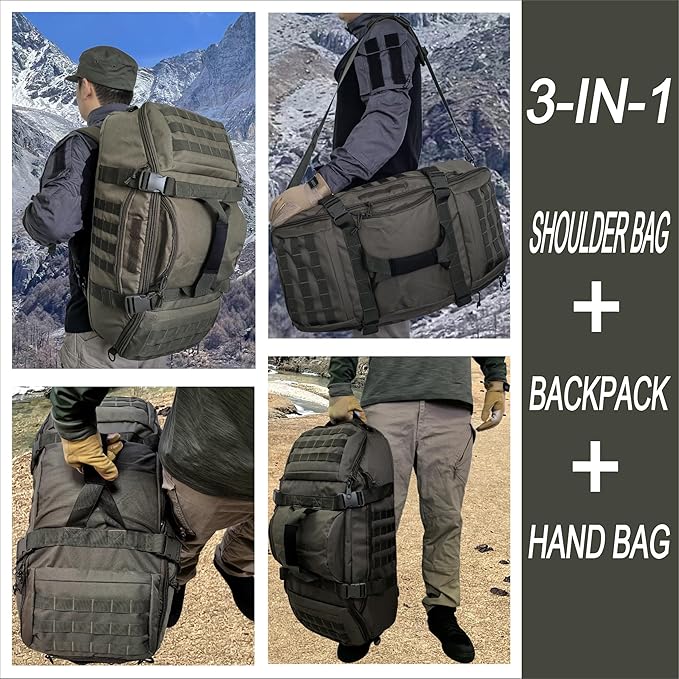Travel Gym Duffle Bag Tactical, Gear Backpack for Men Women, Large Duffle Hand Bag for Travel, 3 in 1 Shoulder Backpack for Sports Hiking Camping, Water Resistant & Easy Clean (Army Green, 55L)