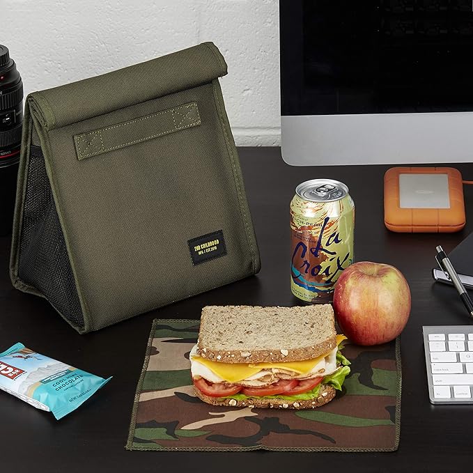 Insulated Lunch Bag for Men and Women; Rolltop Lunch Box with 2 Side Mesh Pockets and 1 Exteral Slip Pocket (Olive)