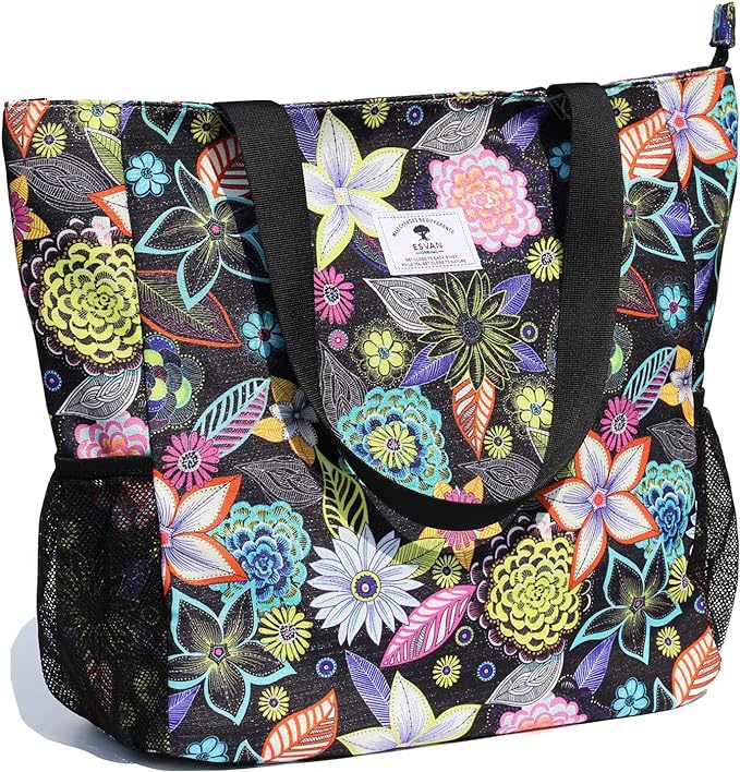 ESVAN Original Floral Water Resistant Large Tote Bag Shoulder Bag for Gym Beach Travel Daily Bags Upgraded