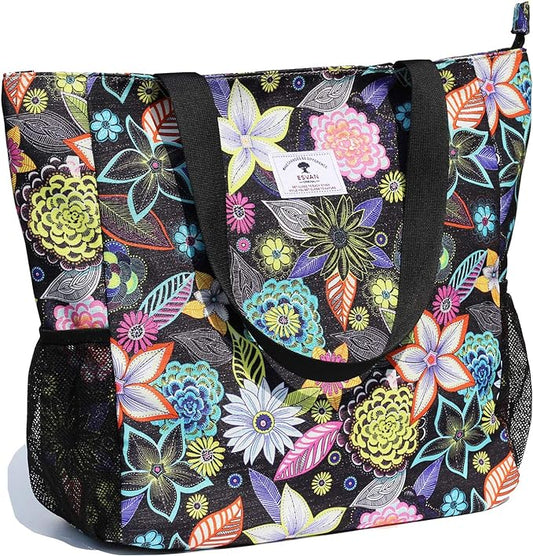 ESVAN Original Floral Water Resistant Large Tote Bag Shoulder Bag for Gym Beach Travel Daily Bags Upgraded