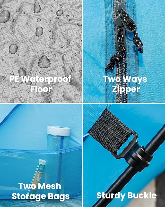 OutdoorMaster Beach Tent for 3-4 Person - Easy Setup and Portable Beach Shade Sun Shelter Canopy with UPF 50+ UV Protection Removable Skylight Family Size - Blue