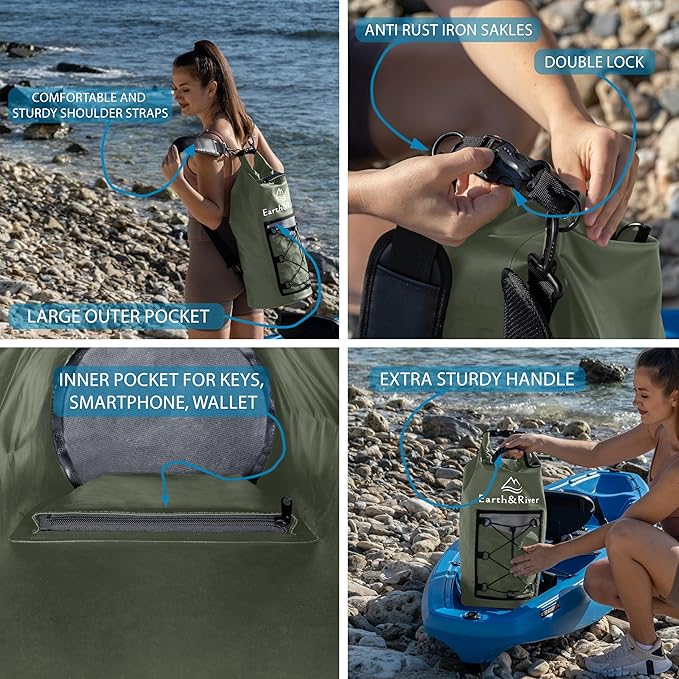 EARTH&RIVER Premium Dry Bag Backpack, Extra Thick, Protection for All Water Activities & Camping, Floating Lightweight Dry Bag with Inside Pocket Storage & IPX8 Waterproof Phone Case (Army Green, 30L)