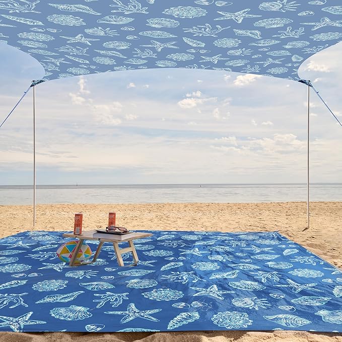WEKAPO Beach Tent Sun Shelter - Easy Setup Beach Canopy with 4 Sturdy Poles, Large Sandbags and Shovel, 6'7'' Tall, Windproof Sun Shade for Backyard and Camping, UPF 50+ Protectio