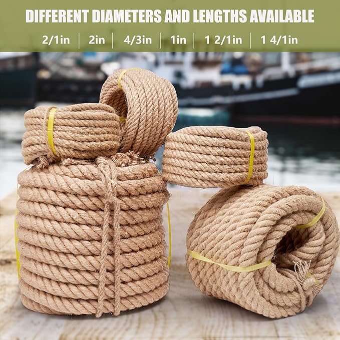 Jute Rope 1 1/2 Inch 50 Feet, Heavy Duty Natural Hemp Ropes, Twisted Hemp Rope for Crafts, Gardening, Bundling, Climbing, Hammock, Nautical, Tug of War, Railings, Home Decorating