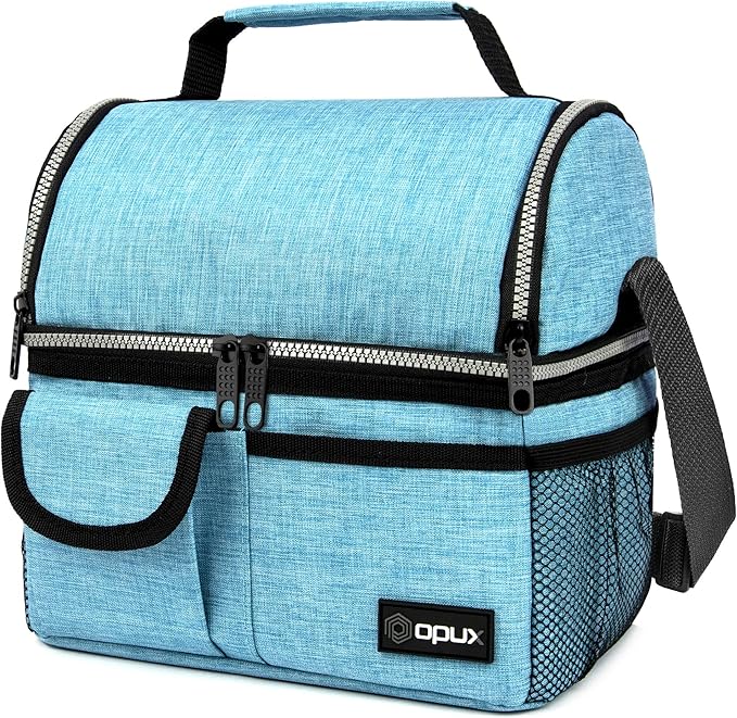OPUX Lunch Box for Men, Adult Lunch Box Cooler, Insulated Lunch Bag Women, Dual Compartment Lunchbox for Work, Leakproof Double Decker Lunch Bag, Soft Lunch Pail Tote Boys Girls Kids School, Teal Blue