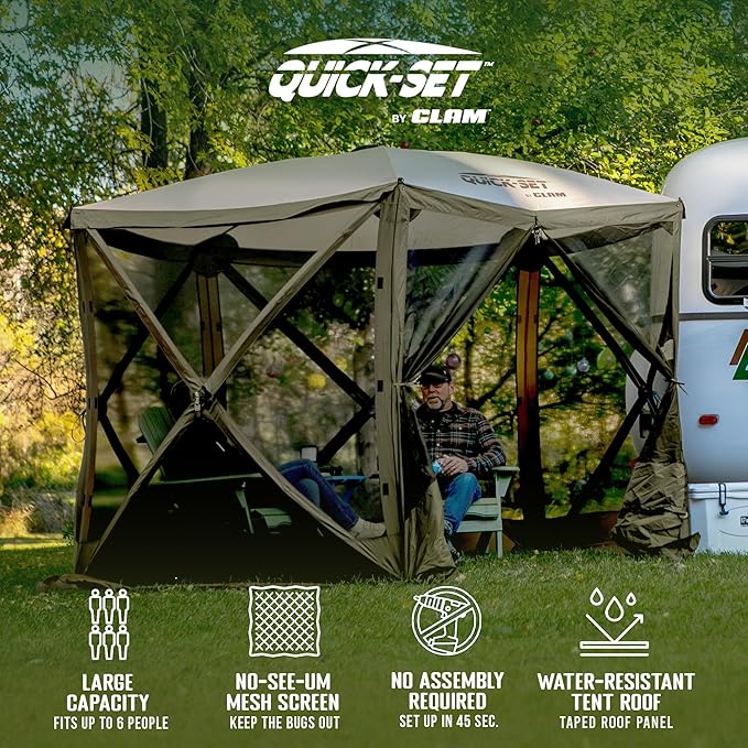 CLAM Pop Up Screen Tent, Outdoor Camping Gazebo Canopy, Venture, 9', Green/Tan