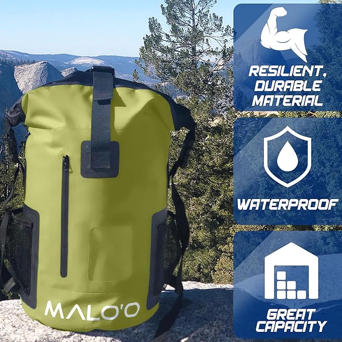 Malo'o 30L Waterproof Roll-Top Backpack - Ideal for Beach, Backpacking, Fishing, and Kayaking - Heavy-Duty Beach and Boat Accessory