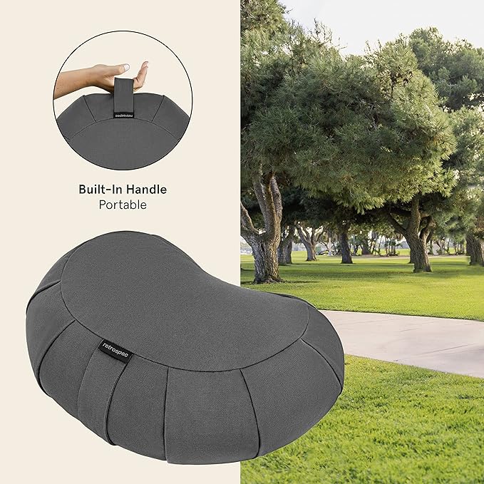 Retrospec Sedona Zafu Meditation Cushion Filled w/Buckwheat Hulls - Yoga Pillow for Meditation Practices - Machine Washable 100% Cotton Cover & Durable Carry Handle; Crescent, Stone