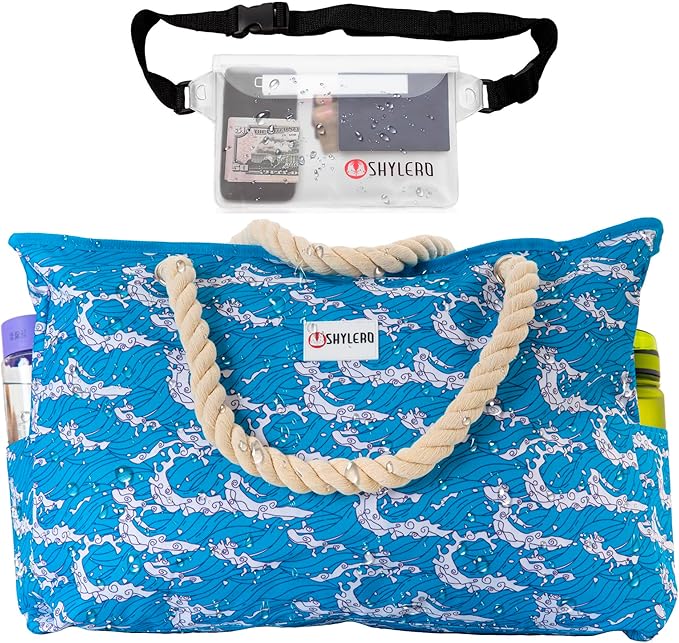 SHYLERO Beach Bag and Pool Bag. Has Airtight Pouch, Ton of Pockets. Beach Tote is Zippered, Water Resistant. Family Size