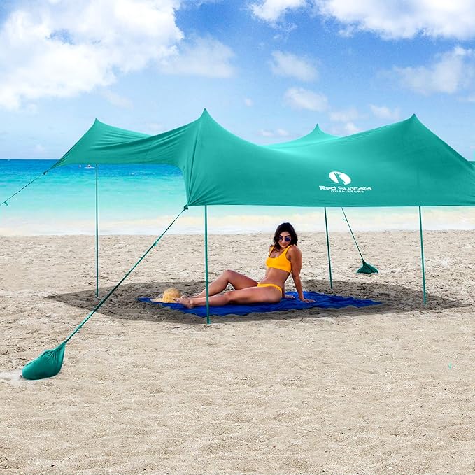 Red Suricata Family Beach Tent & Canopy, UPF50 Sun Shade, 4 Aluminum Poles, Sand Shovel, Large Portable Sun Shelter
