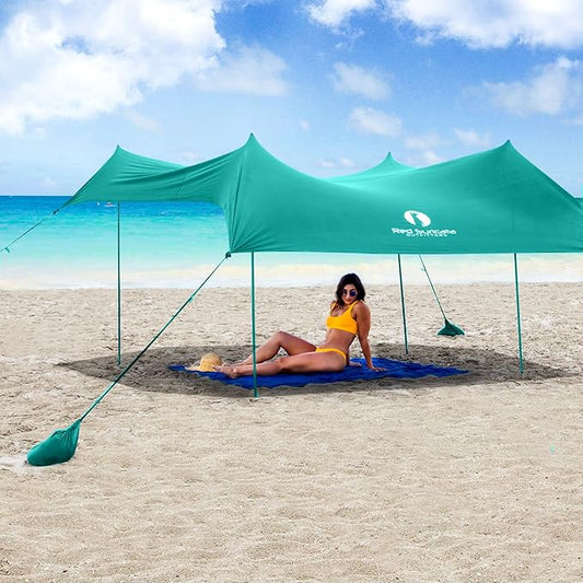Red Suricata Family Beach Tent & Canopy, UPF50 Sun Shade, 4 Aluminum Poles, Sand Shovel, Large Portable Sun Shelter