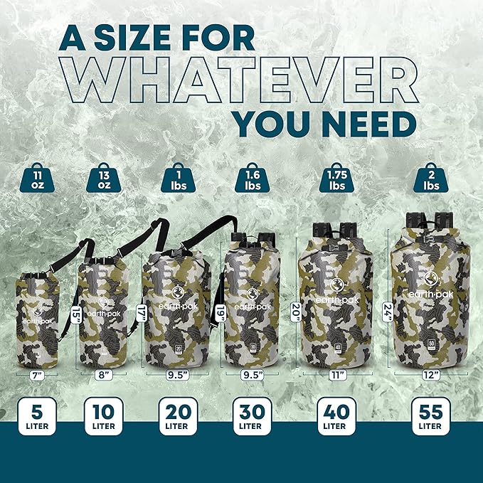 Earth Pak Waterproof Dry Bag - Roll Top Waterproof Backpack Sack (Camo 30L & 5L)