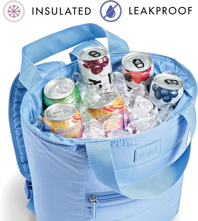 Fit & Fresh Insulated Cooler Bag, Leak Proof Waterproof Beach Cooler Backpack for Women, 18 Can Soft Insulated Tote for Travel & Lunch, Cornflower