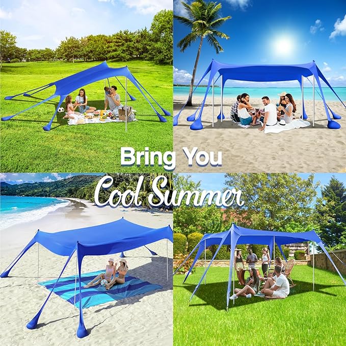 Rhino Valley Beach Tent Sun Shelter, Beach Canopy Tent Sun Shade UPF50+ Protection with 8 Sandbags 4 Stability Poles, Outdoor Beach Shade Canopy for Beach, Camping, Fishing