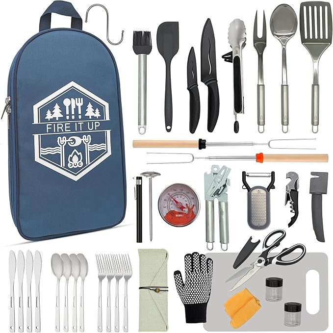 BOMKI Grilling and Camping Cooking Utensils Set for The Outdoors BBQ - Camping Utensil Set Camping Kitchen Set Cookware Accessories Camping Essentials Camping Stuff Camp Cooking Set (Blue Pro)