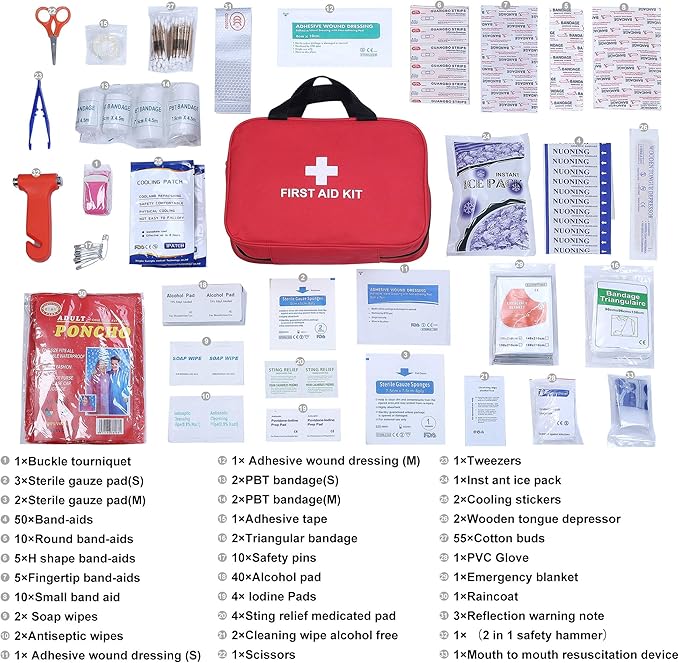 First Aid Kit - 230 Piece - for Car, Home, Travel, Camping, Office or Sports | Red Bag/Reflective Cross, Fully Stocked with Essential Supplies for Emergency and Survival