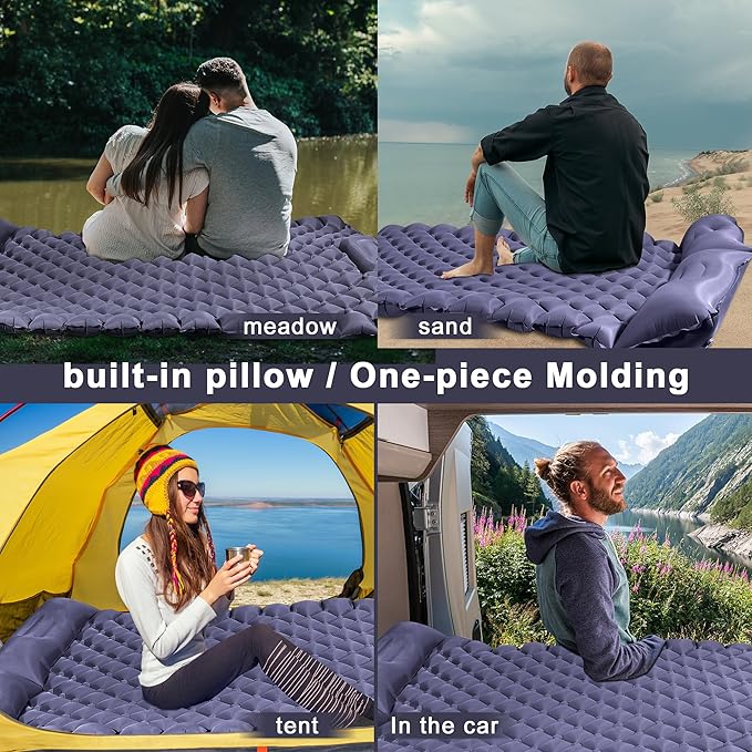 Double Camping Pads for Sleeping, Ultralight Floor Mattresses for Sleeping with Built-in Pillow Foot Pump, Mattress Foldable for Tent, Backpacking, Hiking, Car Traveling, Navy Blue
