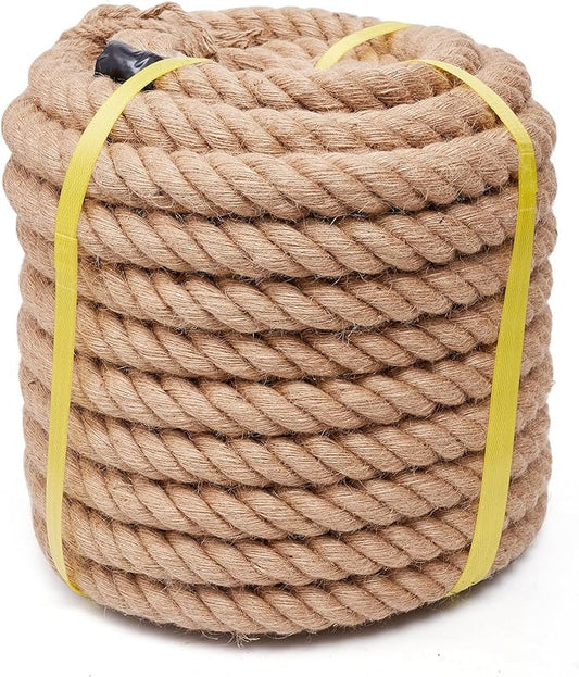 Jute Rope Heavy Duty 2 Inch 50 Feet, Natural Hemp Rope, Twisted Hemp Rope for Crafts, Gardening, Bundling, Climbing, Hammock, Nautical rope, Tug of War rope, Railings, Home Decorating (2 Inch×50 Feet)
