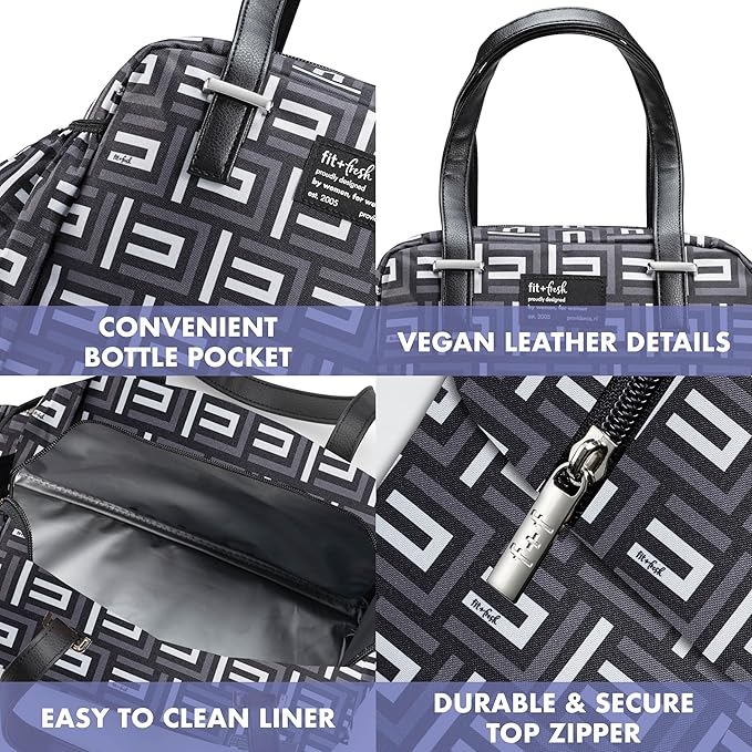 Fit & Fresh Insulated Lunch Box For Women, Leakproof & Stain-Resistant With Expandable Bottle Pocket, Zipper Closure - Laketown Lunch Bag Black Geo