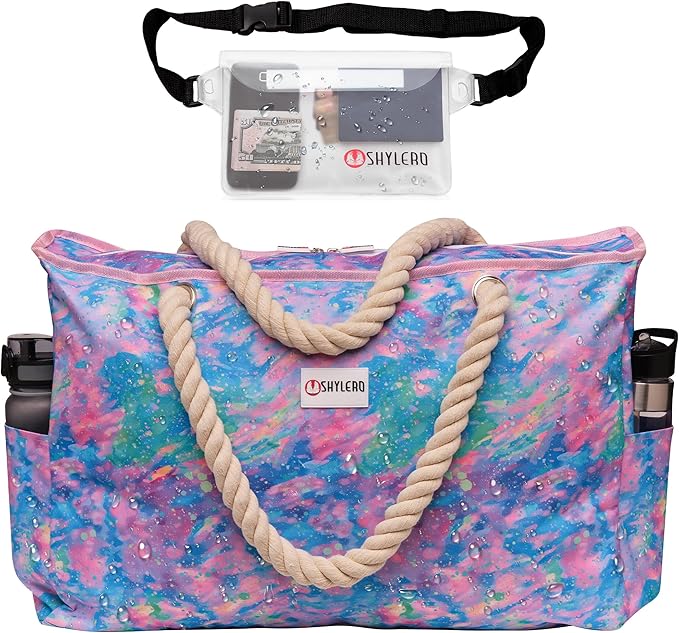 SHYLERO Beach Bag and Pool Bag. Has Airtight Pouch, Ton of Pockets. Beach Tote is Zippered, Water Resistant. Family Size