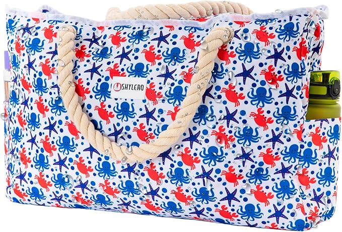 SHYLERO Beach Bag and Pool Bag. Has Airtight Pouch, Ton of Pockets. Beach Tote is Zippered, Water Resistant. Family Size