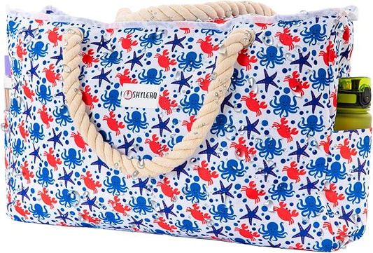 SHYLERO Beach Bag and Pool Bag. Has Airtight Pouch, Ton of Pockets. Beach Tote is Zippered, Water Resistant. Family Size