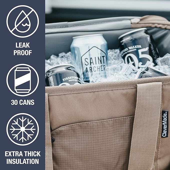 CleverMade Collapsible Insulated Cooler Bag – 30 Can Leakproof Soft Cooler for Beach, Travel, Car – Shoulder Strap, Bottle Opener – Ocean