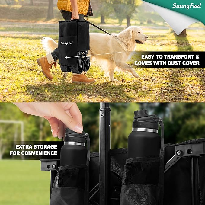 SunnyFeel 49''L 550lbs Heavy Duty Wagon Cart Foldable with Wheels,Extra Long Fold Up Wagons Carts with Side Pocket and Brakes for Camping Sports Garden Shopping (Black)