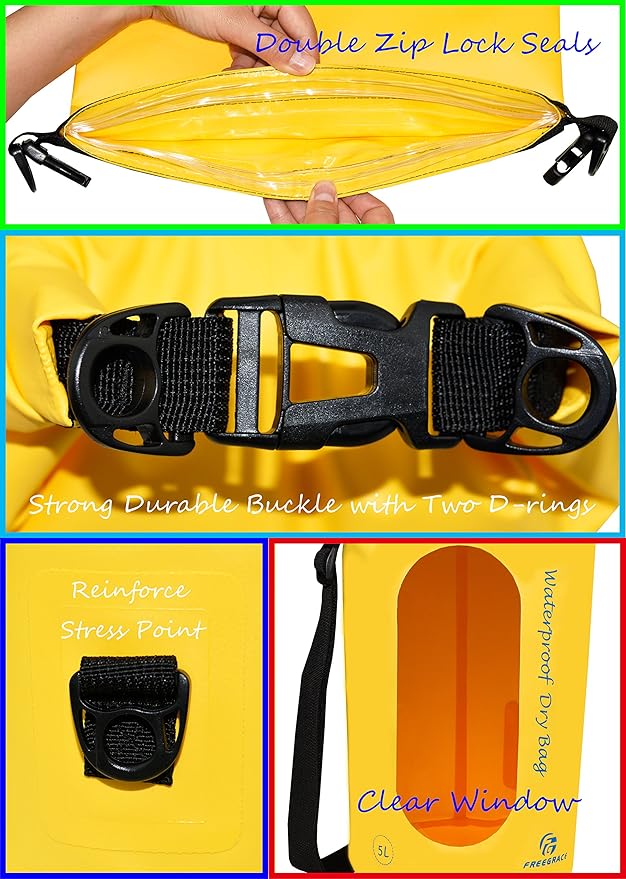 Waterproof Dry Bags Set of 3 Dry Bag with 2 Zip Lock Seals & Detachable Shoulder Strap, Waist Pouch & Phone Case - Can Be Submerged Into Water - for Swimming (Yellow(Window), 10L)