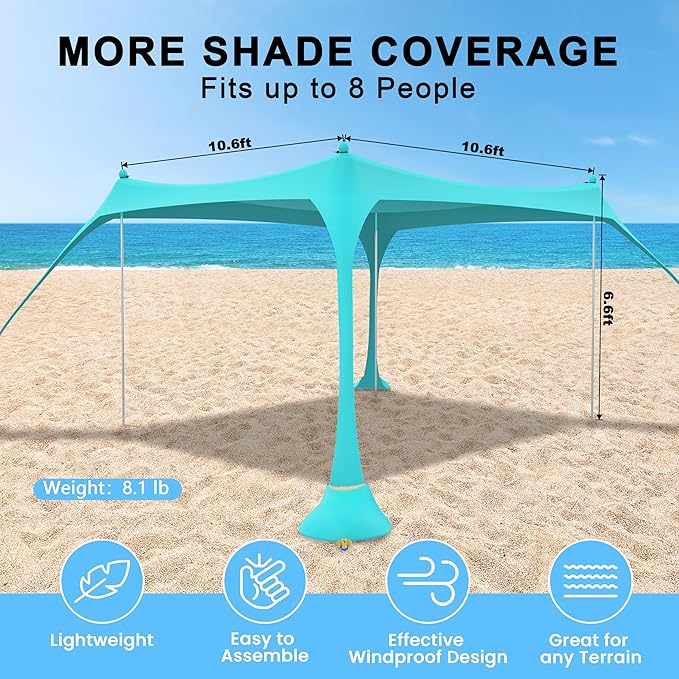 ihuan Beach Tent Sun Shelter 11X11FT UPF50+ with 4 Aluminum Foldable Poles, Easy Setup Outdoor Shade Canopy for 8 Person, Cool Cabana for Fishing, Family Trips, Backyard Picnics