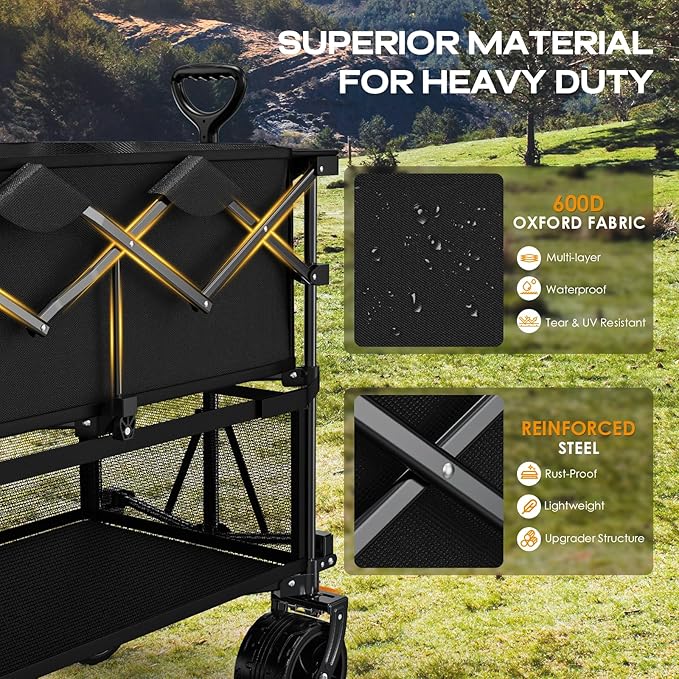 Foldable 50''L Extra Long Double Decker Wagon for Sport, 400L Collapsible Heavy Duty Wagon Cart with Big Wheels, Utility All-Terrain Large Extender Cart for Outdoors