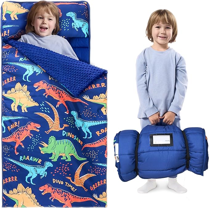 JOIEDOMI Toddler Nap Mat for Preschool 55''x30'' Sleeping Mat with Removable Pillow and Minky Blanket for Kids Ages 3-7 Roll Up Soft Kids Sleeping Bag for Boys Girls Kindergarten Daycare Sleepover