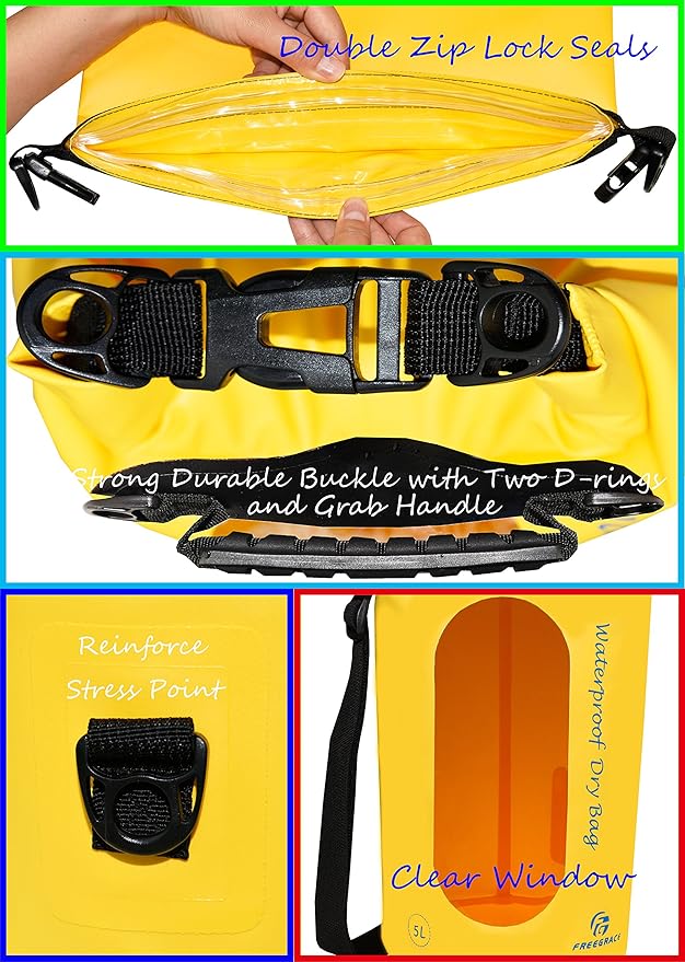 Waterproof Dry Bags Set of 3 Dry Bag with 2 Zip Lock Seals & Detachable Shoulder Strap, Waist Pouch & Phone Case - Can Be Submerged Into Water - for Swimming (Yellow(Window), 20L)