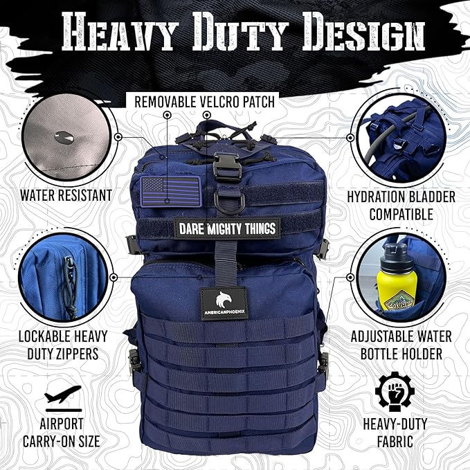 45L Elite Tactical Backpack | 3X Stronger Work & Military Backpack | Water Resistant and Heavy Duty | 3 Day MOLLE Bug Out Bag (Atlantic Blue)