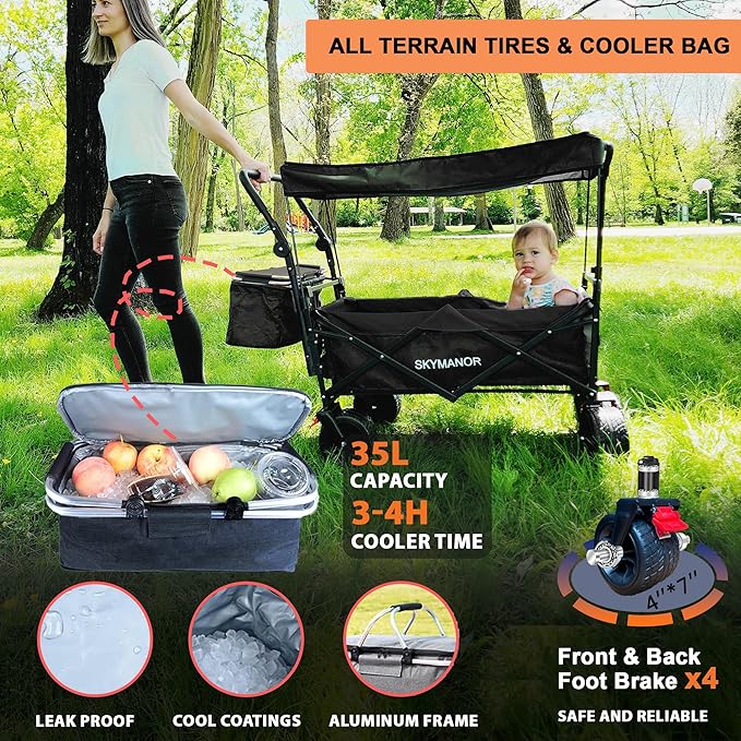 Collapsible Wagon Folding Garden Cart with Removable Canopy Utility Wagon Cart with All-Terrain Wheels Brake Beach Cart for Sand Heavy Duty Beach Wagon for Camping Shopping (Black)