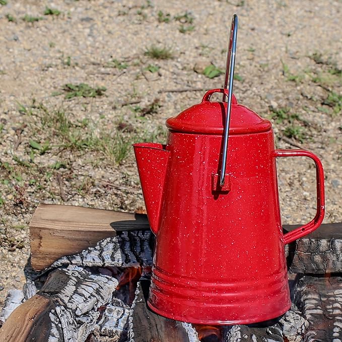 Grip Coffee Percolator (Red) - Durable Glazed Enamel Steel - Prepare Coffee Over the Fire - Camping, Hiking, Backpacking, Fishing, Hunting - (8 Cups)