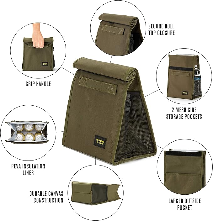 Insulated Lunch Bag for Men and Women; Rolltop Lunch Box with 2 Side Mesh Pockets and 1 Exteral Slip Pocket (Olive)
