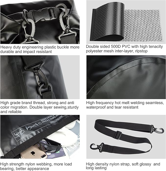 Mountain Land Waterproof Beach Dry Bag 20L Roll Top Backpack Boat Bag Dry Sack for Kayaking Rafting Fishing Hiking Camping Black