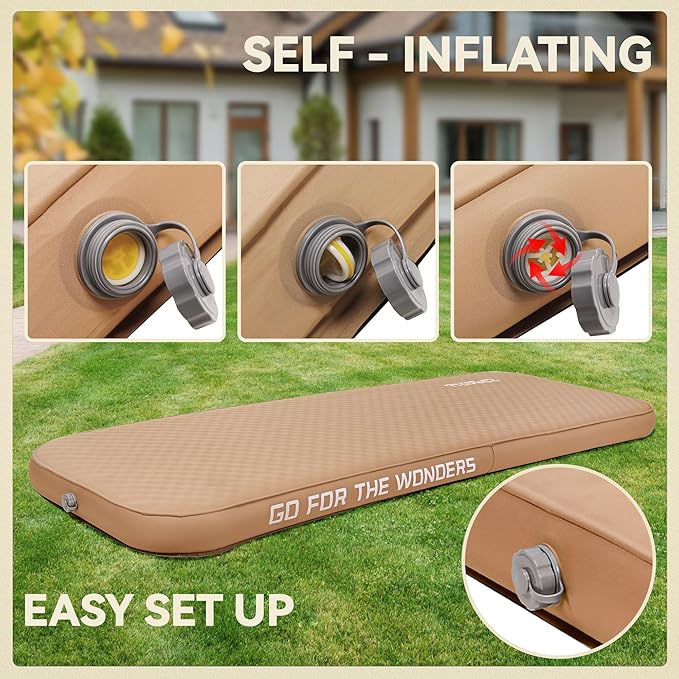 UPWELL Self Inflating Sleeping Pad 4.5" Thickness Camping Mattress with Solid Foam Single Sleeping Mat Portable Fast Inflation for Outdoor Mat Portable Roll Up Bed Brown