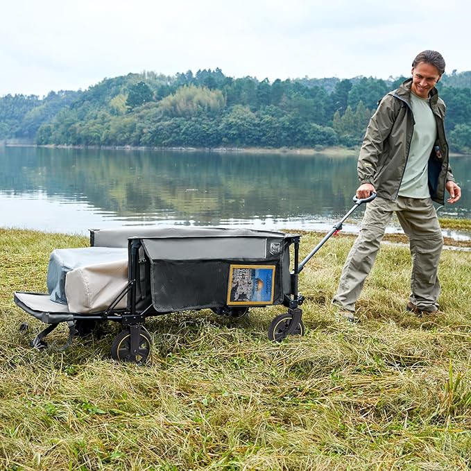 TIMBER RIDGE 49" Extra Long Collapsible Folding Wagon with Tailgate and Brakes, 300lbs Heavy Duty Foldable Wagon with Adjustable Handle, 250L Capacity Portable Cart for Outdoor Camping Sports, Grey