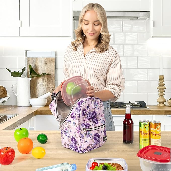 opux Lunch Box for Girls Boys Kids, Insulated Leakproof Lunch Bag, Reusable Teen Lunch Boxes for School, Medium Large lunchbox for Women Men Adult for Work with Front Back Pocket (Floral Purple)