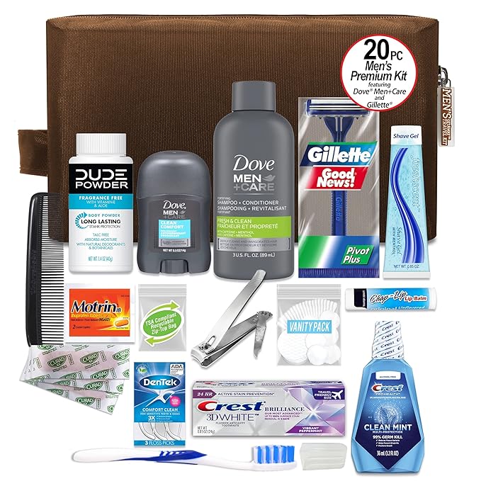 Convenience Kits International Men’s Premium 20-Piece Kit with Travel Size TSA Compliant Essentials, Featuring: Dove Men & Care Products in Brown Dopp Bag