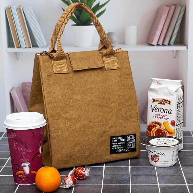 ZENPAC Brown Insulated Lunch Bags with Handles, Washable Kraft Luchbox for Men, Women, Water Resistant Cooler for Beverages, Work, School, 8.5x5.5x9.5