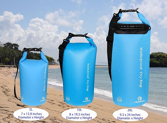 Waterproof Dry Bags Set of 3 Dry Bag with 2 Zip Lock Seals & Detachable Shoulder Strap, Waist Pouch & Phone Case - Can Be Submerged Into Water (Sky Blue, 20L)