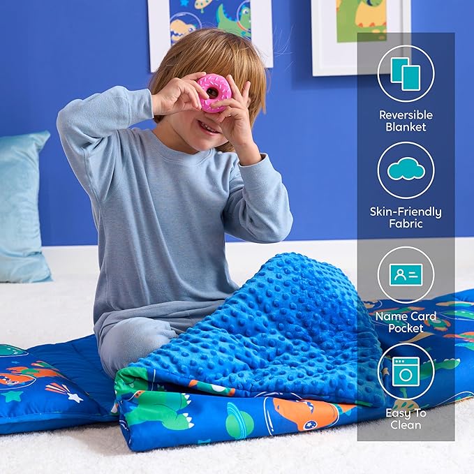 JOIEDOMI Toddler Nap Mat for Preschool 55''x30'' Sleeping Mat with Removable Pillow and Minky Blanket for Kids Ages 3-7 Roll Up Soft Kids Sleeping Bag for Boys Girls Kindergarten Daycare Sleepover