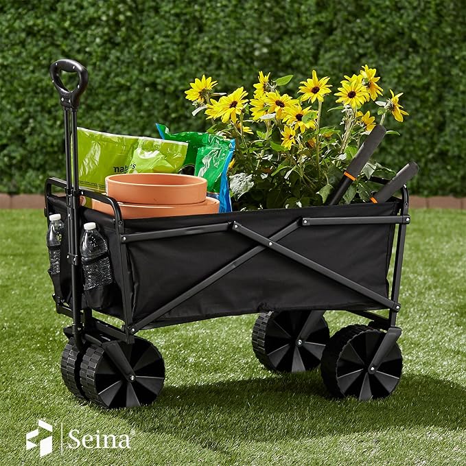 Seina 150 Pound Capacity Heavy Duty Steel Frame Collapsible Folding Outdoor Portable Utility Cart Wagon with All Terrain Plastic Wheels, Black