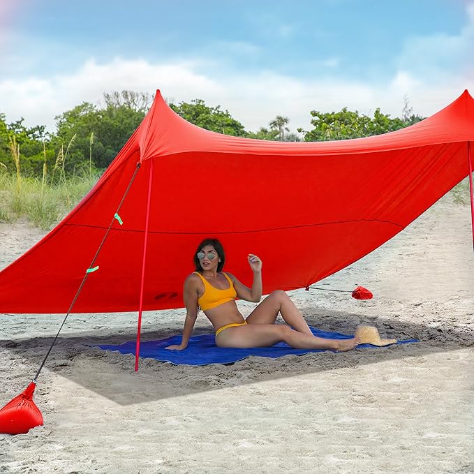 Red Suricata Family Beach Tent & Canopy, UPF50 Sun Shade, 4 Aluminum Poles, Sand Shovel, Large Portable Sun Shelter